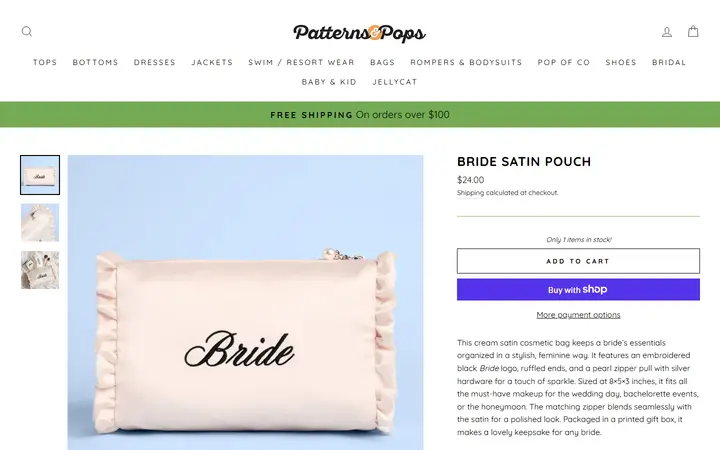 Website page titled Bride Satin Pouch – Patterns and Pops