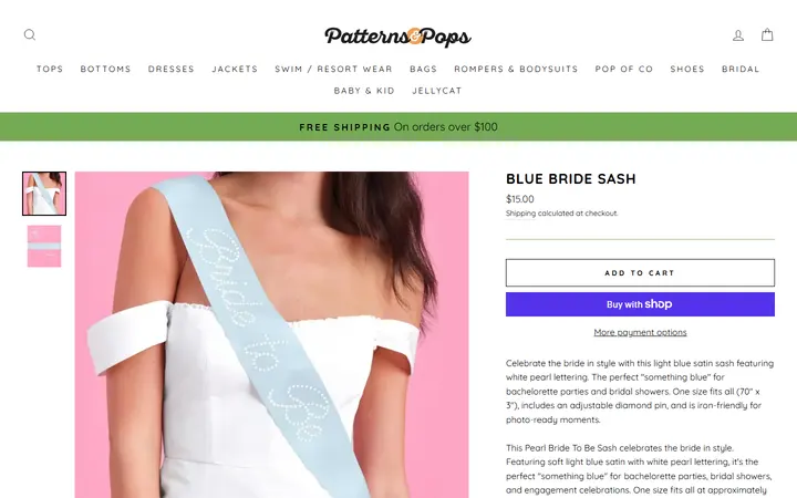 Website page titled Blue Bride Sash – Patterns and Pops