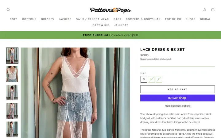Website page titled Lace Dress & BS Set – Patterns and Pops