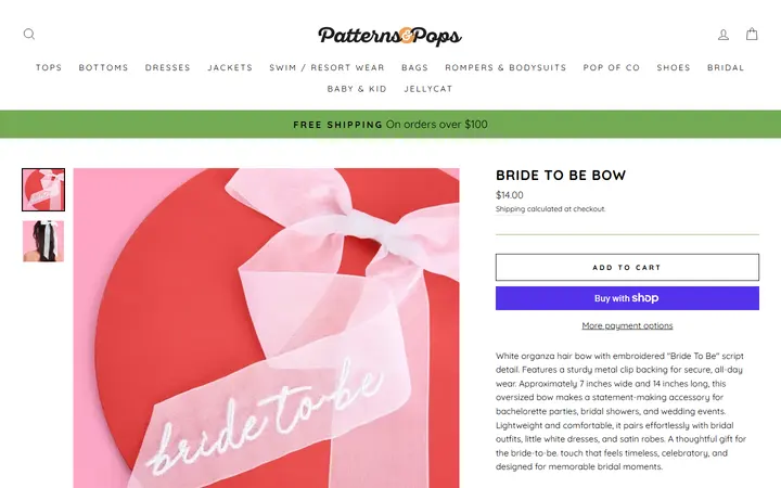 Website page titled Bride to Be Bow – Patterns and Pops