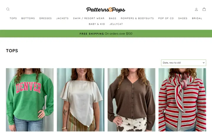 Website page titled Tops – Patterns and Pops