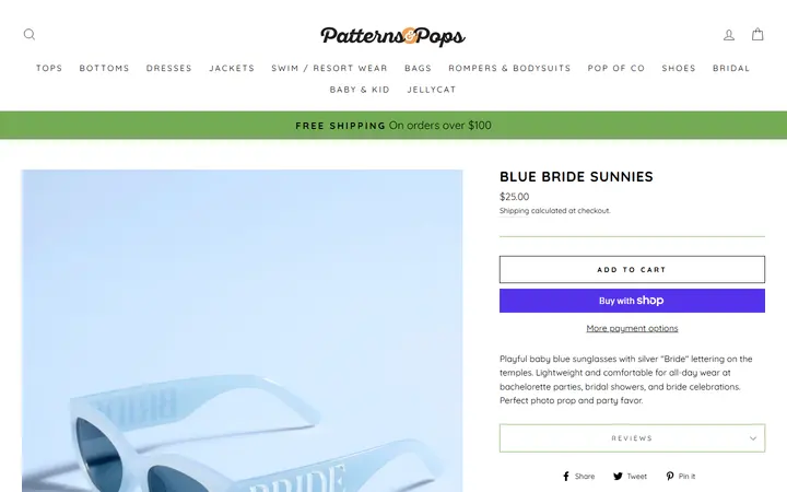 Website page titled Blue Bride Sunnies – Patterns and Pops