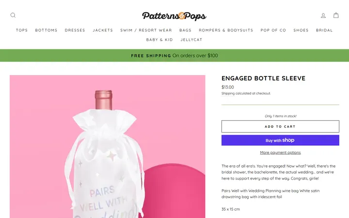 Website page titled Engaged Bottle Sleeve – Patterns and Pops