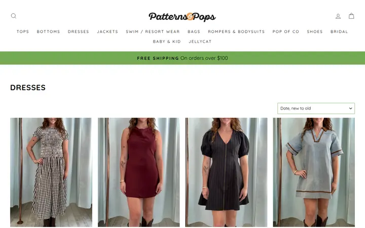 Website page titled Dresses – Patterns and Pops