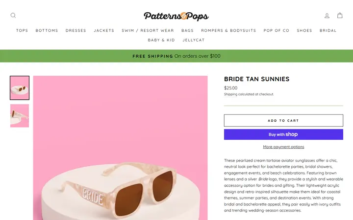 Website page titled Bride Tan Sunnies – Patterns and Pops