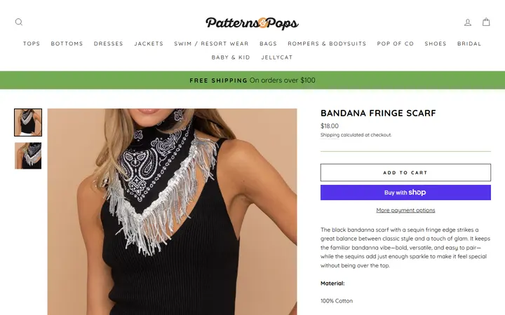 Website page titled Bandana Fringe Scarf – Patterns and Pops