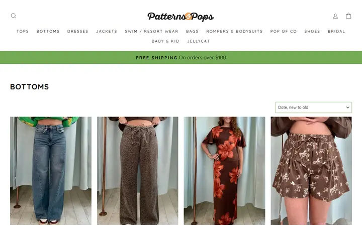 Website page titled Bottoms – Patterns and Pops