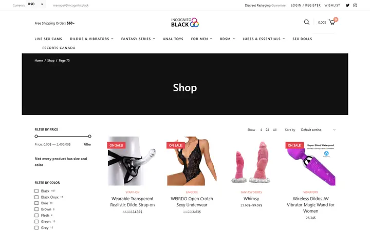 Website page titled Shop • Page 75 of 76 • Sex Shop - Incognito delivery. Dildo, strapon, Lingerie, fleshlight