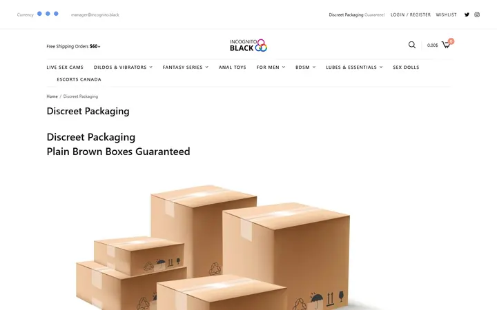 Website page titled Discreet Packaging • Sex Shop - Incognito delivery. Dildo, strapon, Lingerie, fleshlight