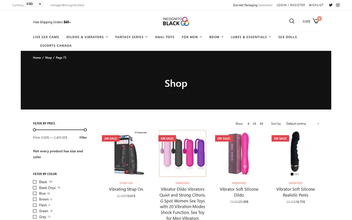 Website page titled Shop • Page 73 of 76 • Sex Shop - Incognito delivery. Dildo, strapon, Lingerie, fleshlight