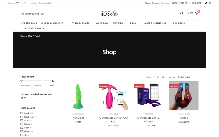 Website page titled Shop • Page 6 of 76 • Sex Shop - Incognito delivery. Dildo, strapon, Lingerie, fleshlight