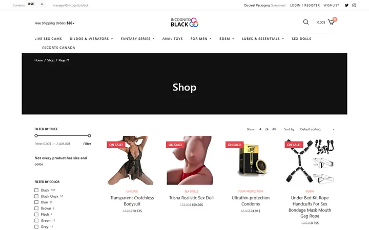 Website page titled Shop • Page 71 of 76 • Sex Shop - Incognito delivery. Dildo, strapon, Lingerie, fleshlight