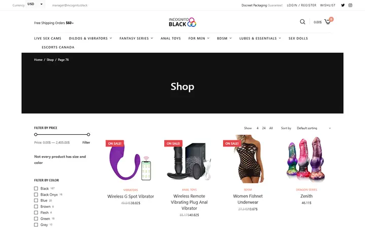 Website page titled Shop • Page 76 of 76 • Sex Shop - Incognito delivery. Dildo, strapon, Lingerie, fleshlight