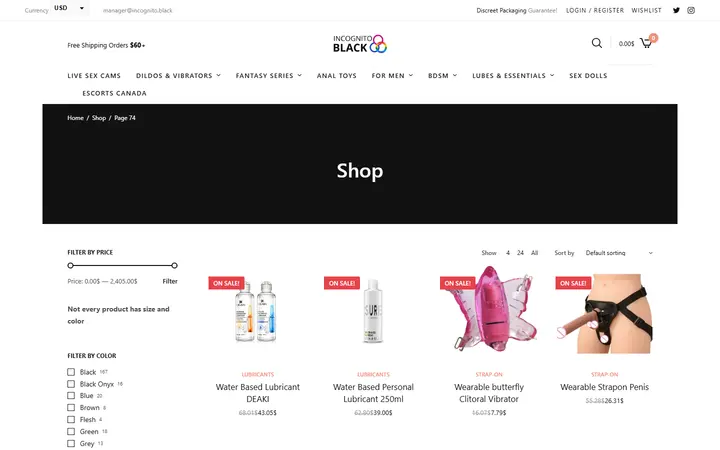 Website page titled Shop • Page 74 of 76 • Sex Shop - Incognito delivery. Dildo, strapon, Lingerie, fleshlight