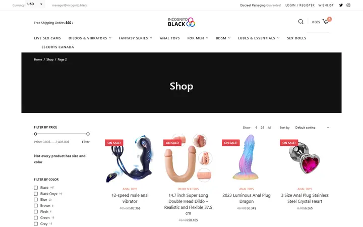 Website page titled Shop • Page 2 of 76 • Sex Shop - Incognito delivery. Dildo, strapon, Lingerie, fleshlight