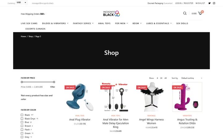 Website page titled Shop • Page 5 of 76 • Sex Shop - Incognito delivery. Dildo, strapon, Lingerie, fleshlight