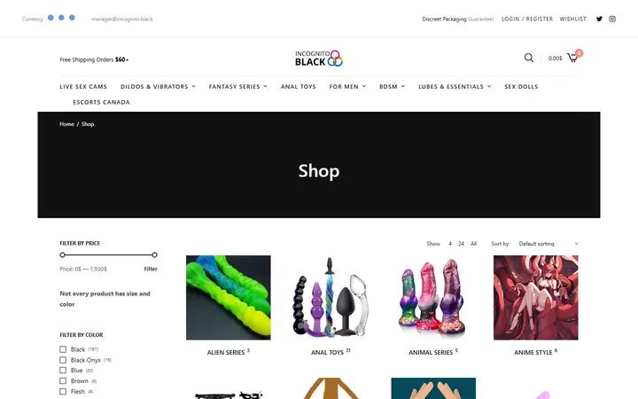 Website page titled Shop • Sex Shop - Incognito delivery. Dildo, strapon, Lingerie, fleshlight