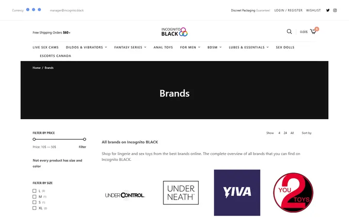 Website page titled Archives Brands • Sex Shop - Incognito delivery. Dildo, strapon, Lingerie, fleshlight