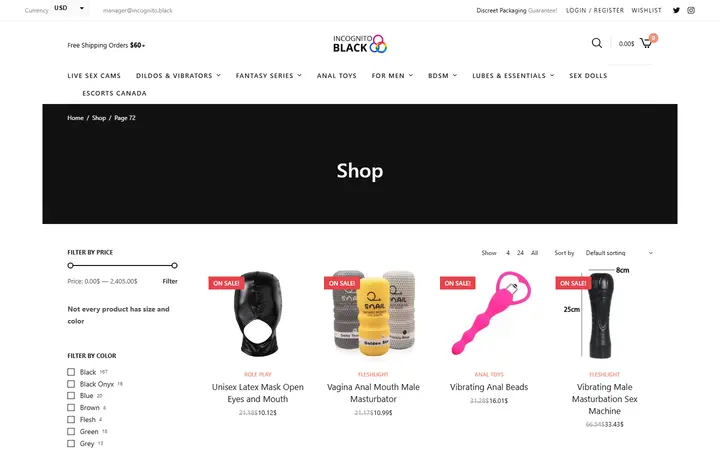 Website page titled Shop • Page 72 of 76 • Sex Shop - Incognito delivery. Dildo, strapon, Lingerie, fleshlight