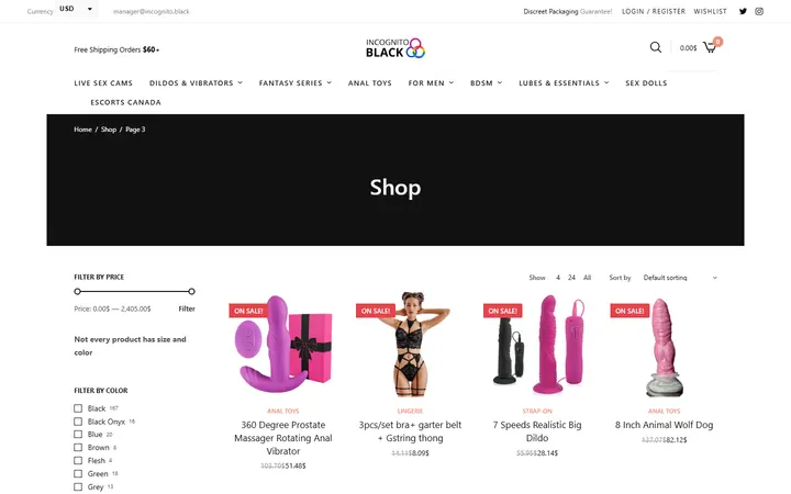 Website page titled Shop • Page 3 of 76 • Sex Shop - Incognito delivery. Dildo, strapon, Lingerie, fleshlight