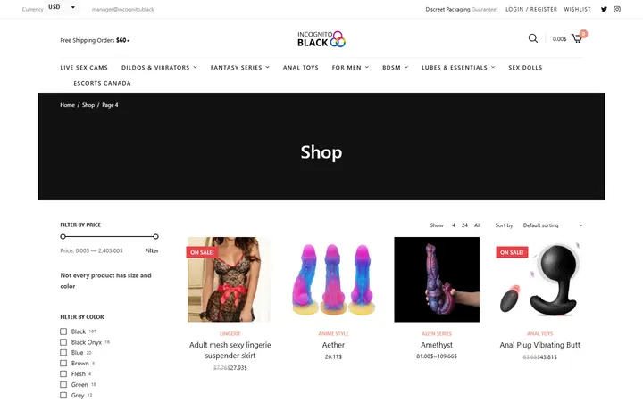 Website page titled Shop • Page 4 of 76 • Sex Shop - Incognito delivery. Dildo, strapon, Lingerie, fleshlight