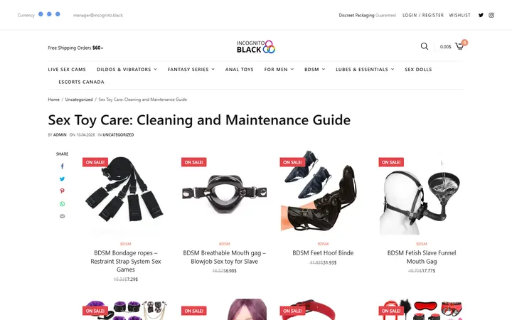 Website page titled Sex Toy Care: Cleaning and Maintenance Guide