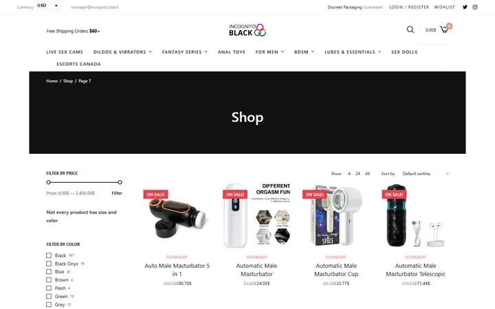 Website page titled Shop • Page 7 of 76 • Sex Shop - Incognito delivery. Dildo, strapon, Lingerie, fleshlight