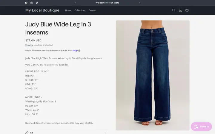 Website page titled Judy Blue Wide Leg in 3 Inseams – My Local Boutique