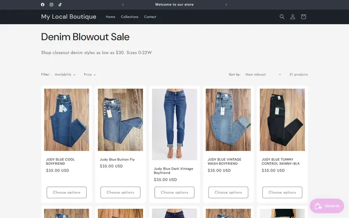 Website page titled Denim Blowout Sale – My Local Boutique