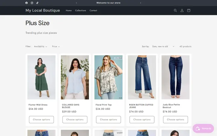 Website page titled Plus Size – My Local Boutique