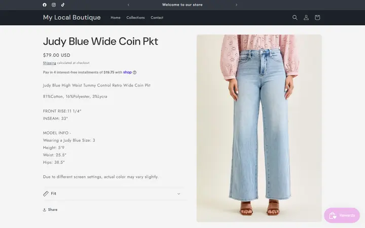Website page titled Judy Blue Wide Coin Pkt – My Local Boutique