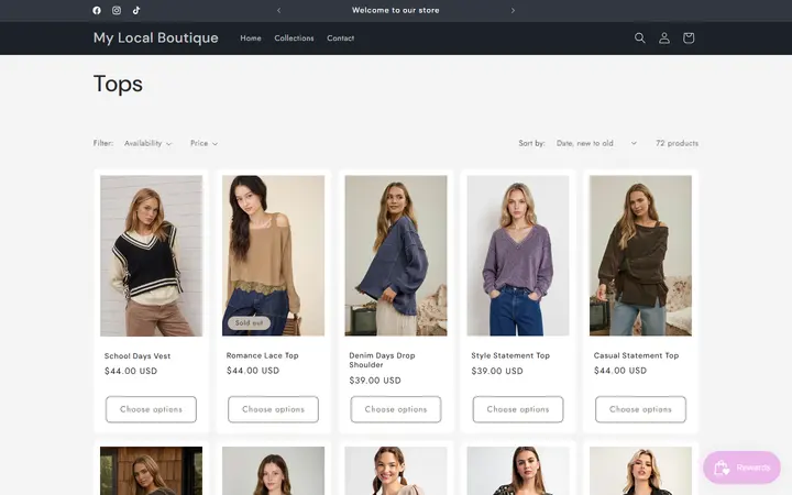 Website page titled Tops – My Local Boutique