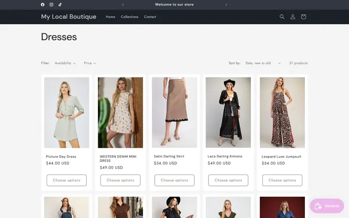 Website page titled Dresses – My Local Boutique