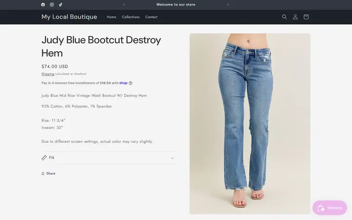 Website page titled Judy Blue Bootcut Destroy Hem – My Local Boutique