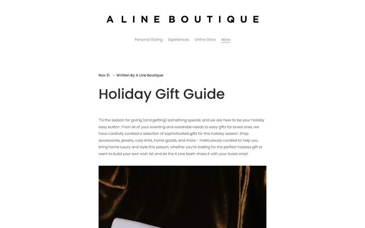 Website page titled Holiday Gift Guide — A Line Boutique