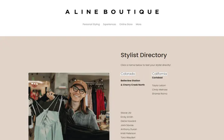 Website page titled Directory — A Line Boutique