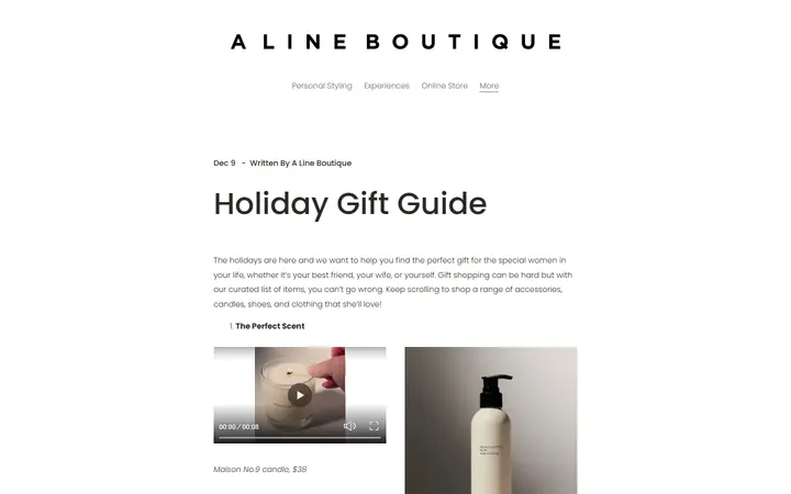 Website page titled Holiday Gift Guide — A Line Boutique