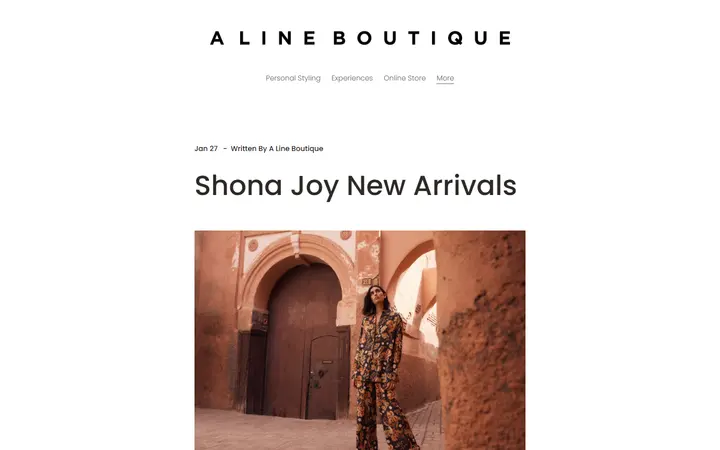 Website page titled Shona Joy Spring Arrivals — A Line Boutique