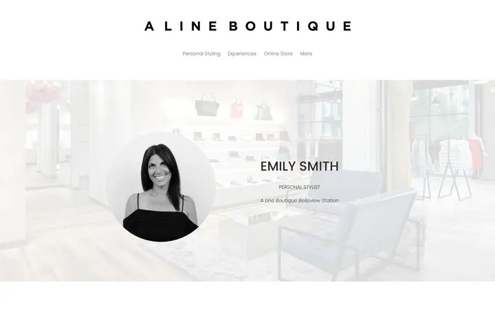 Website page titled Emily Smith - Personal Stylist — A Line Boutique