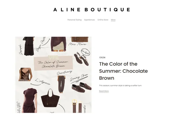 Website page titled Blog - Fashion, Personal Stylists, Lifestyle, A Line Adventures, and more — A Line Boutique