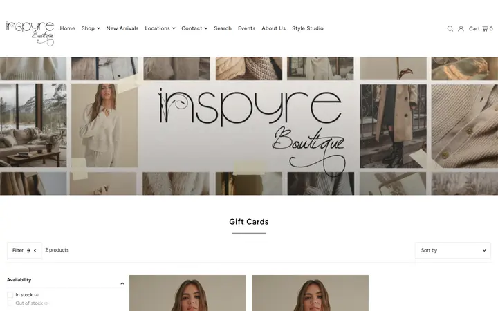 Website page titled Gift Cards – Inspyre Boutique