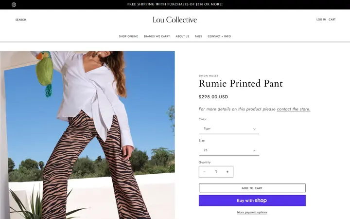 Website page titled Rumie Printed Pant – Lou Collective