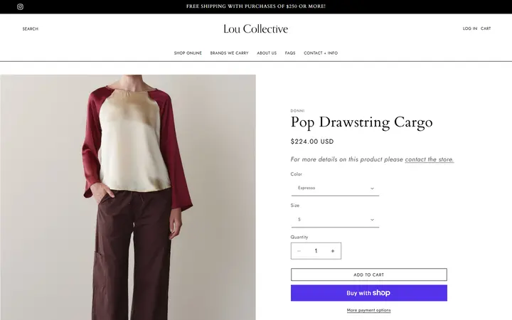 Website page titled Pop Drawstring Cargo – Lou Collective