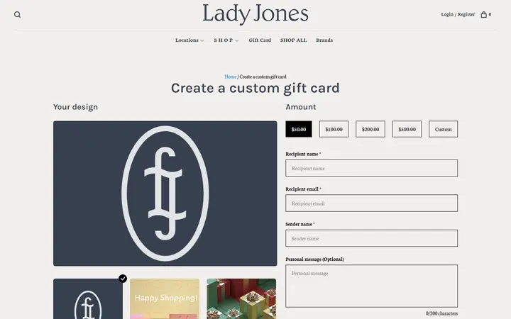 Website page titled Gift card - L A D Y J O N E S