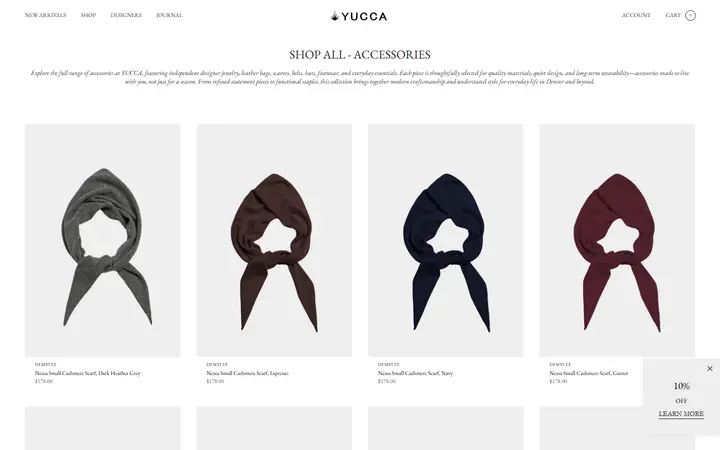 Website page titled Designer Accessories | Bags & Shoes | YUCCA Denver