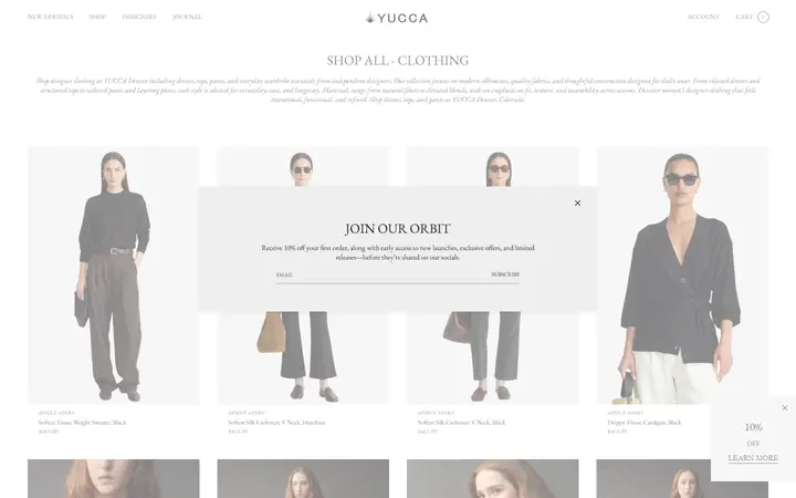 Website page titled Designer Clothing | Dresses, Tops & Pants | YUCCA Denver