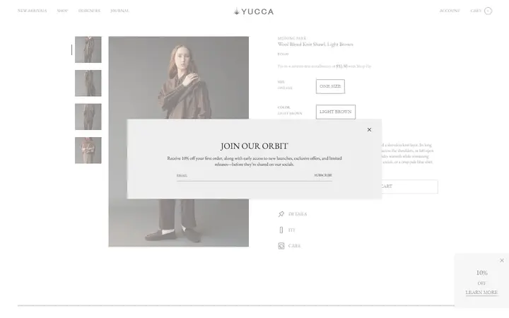 Website page titled Wool Blend Knit Shawl Light Brown | MIJEONG PARK | SHOP YUCCA