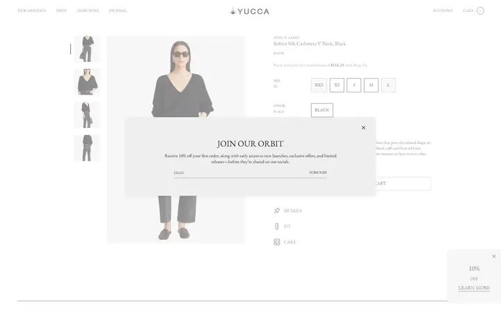 Website page titled Softest Silk Cashmere V Neck Black | Apiece Apart | SHOP YUCCA