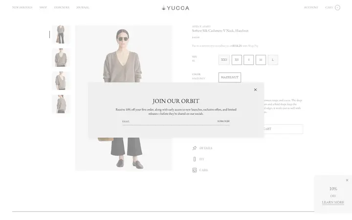 Website page titled Softest Silk Cashmere V Neck Hazelnut | Apiece Apart | SHOP YUCCA