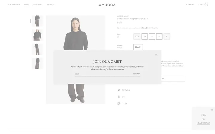 Website page titled Softest Tissue Weight Sweater Black | Apiece Apart | SHOP YUCCA